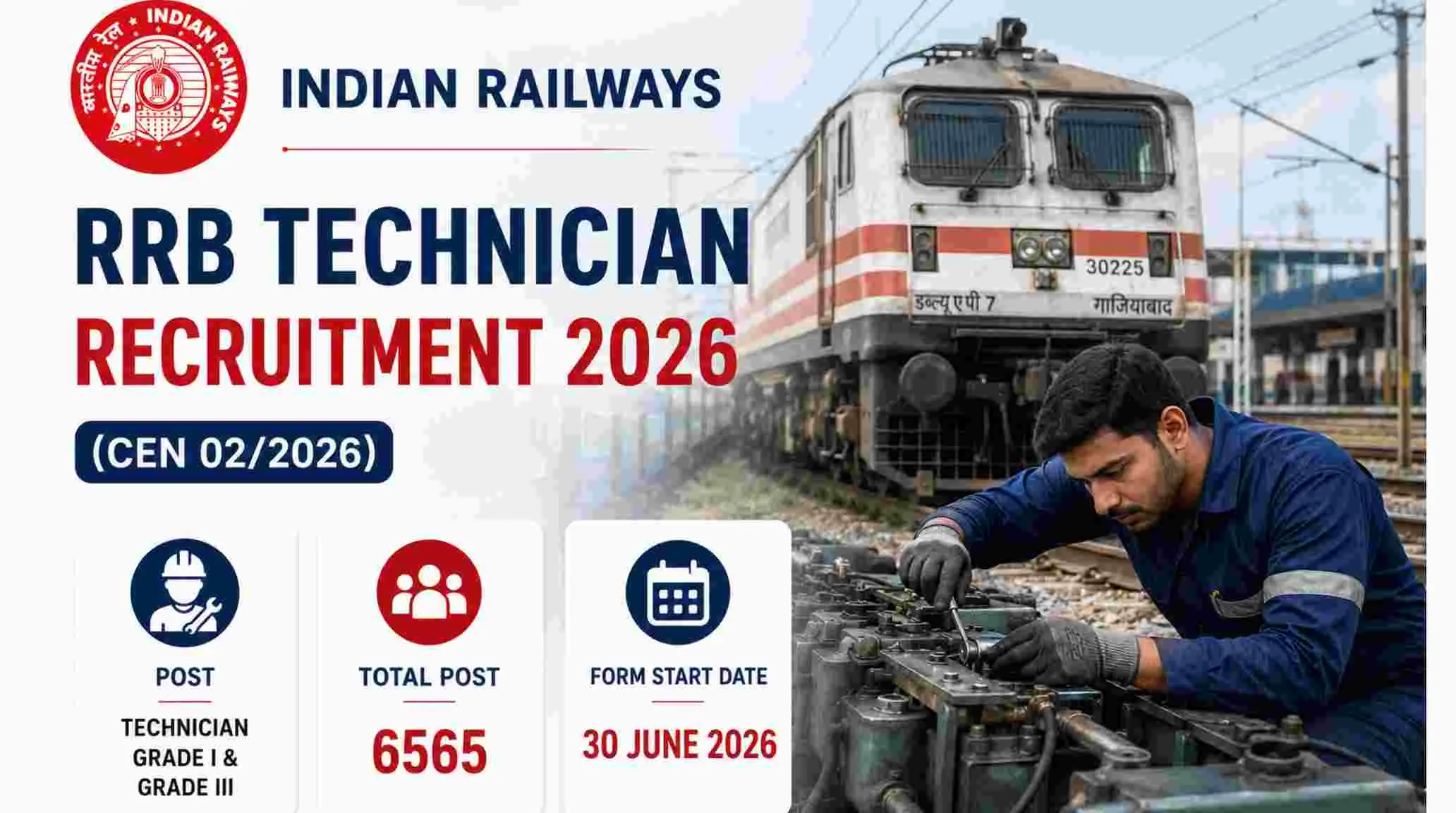 Railway RRB Technician (CEN. 02/2026) Recruitment 2026, Short Notice Out for 6565 Vacancies, Apply Online